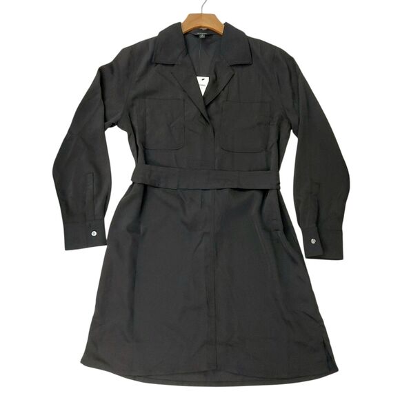 Banana Republic Shirt Dress Womens Medium Black Satin Twill Mini Tie Waist Shift - Picture 1 of 12